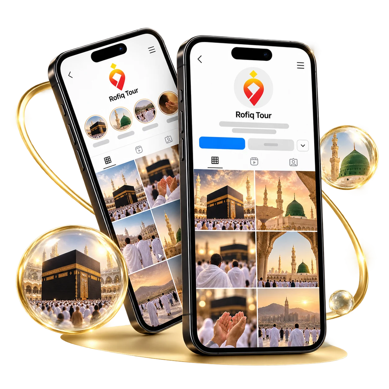 Ilustrasi dua ponsel menampilkan inspirasi perjalanan umroh Rofiq Tour